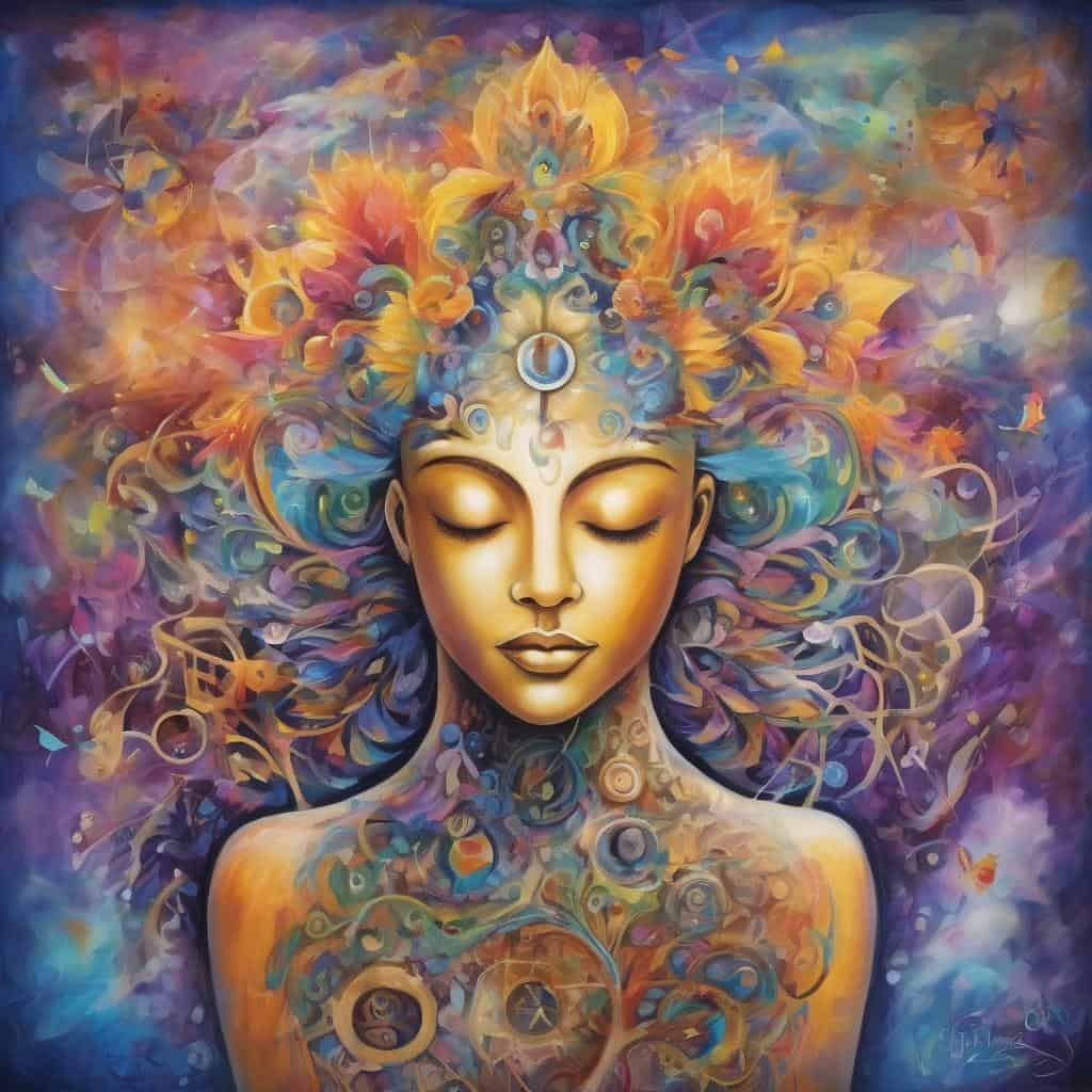 Ανθρώπινη φιγούρα με πολύχρωμα αφηρημένα σχέδια στο κεφάλι και σώμα, τέχνη διαλογισμού και αυτογνωσίας, πνευματική αφύπνιση, σύγχρονη αφηρημένη τέχνη.