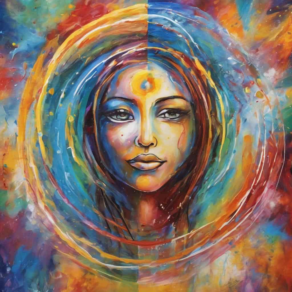 Πίνακας με γυναίκα σε αφαιρετικό στυλ, πολύχρωμα εικαστικά στοιχεία, τέχνη και πνευματική σοφία.