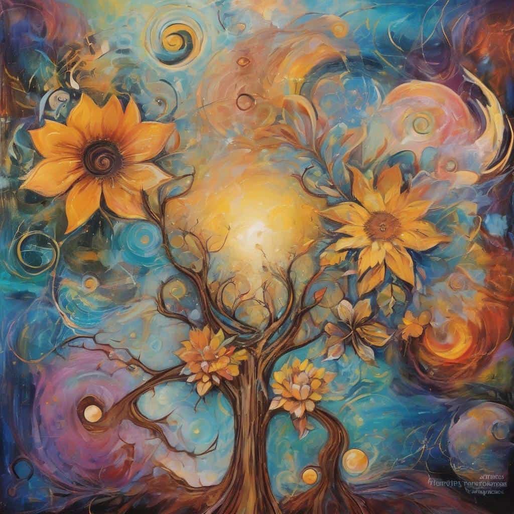 Ρόδινο δέντρο με πολύχρωμο αφηρημένο φόντο, σύμβολο γνώσης και επιτυχίας, τέχνη και δημιουργικότητα.