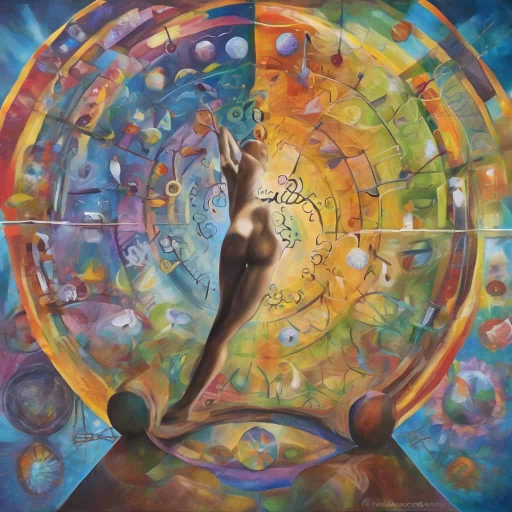 Πίνακας με πολύχρωμο ρολόι και ανθρώπινη μορφή, συνδυάζει τέχνη και γνώση, ενθαρρύνει την επιτυχία μέσω μάθησης.