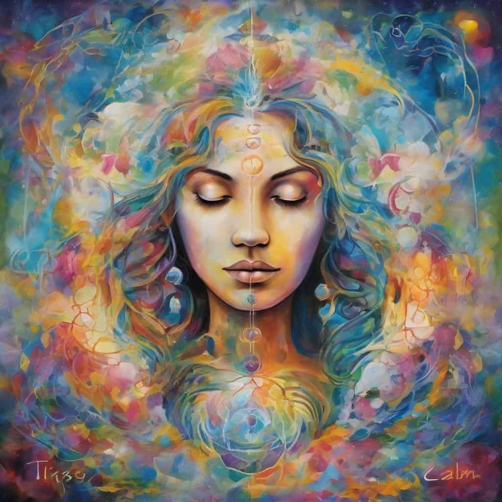 Διασκεδαστική αφίσα με πολύχρωμη και χαρούμενη γυναίκα, φανταστικό έργο τέχνης, καρδιακή και θετική ενέργεια, τέλεια για μυθολογία και αυτογνωσία.